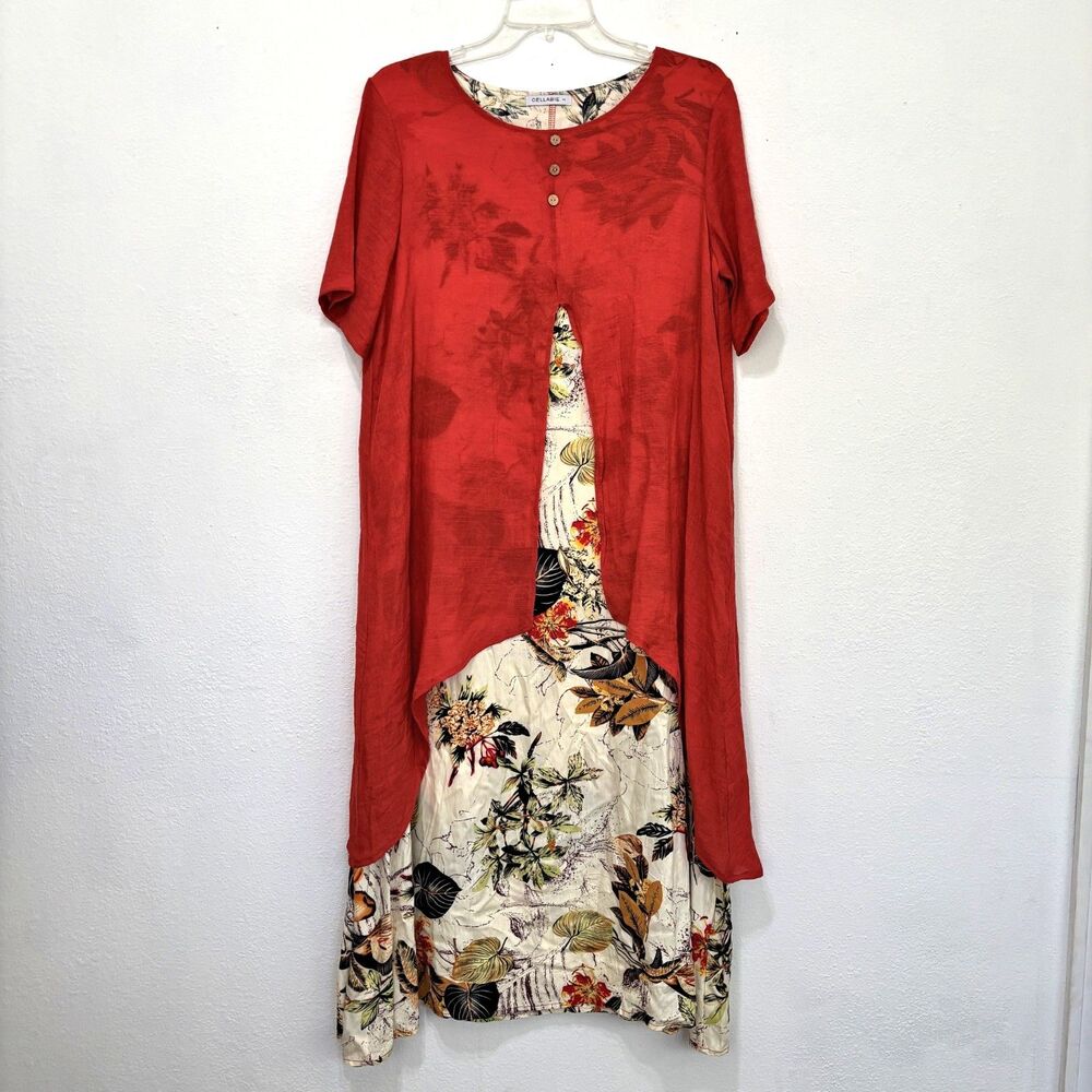 Cellabie Womens Layered Linen Blend Dress XL Boho Tunic Midi Summer Floral